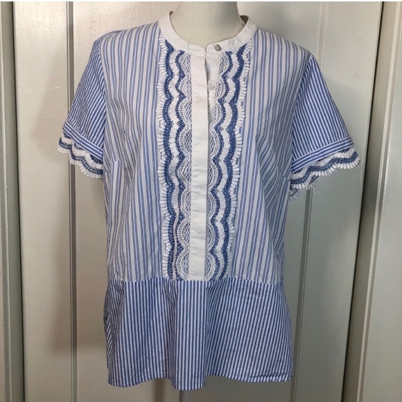 Karl Lagerfeld Large Blouse blue stripe lace - Picture 1 of 6